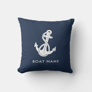 Nautical Anchor Navy Blue Boat Name Crew Outdoor Pillow