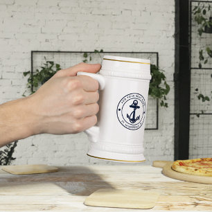 Nautical Anchor Navy Blue Boat Name Custom Beer Stein