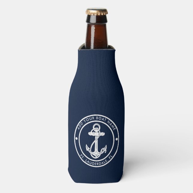 Nautical Anchor Navy Blue Boat Name Custom Bottle Cooler (Bottle Front)