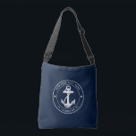 Nautical Anchor Navy Blue Boat Name Custom Crossbody Bag<br><div class="desc">Add your boat name and dock by clicking the "Personalize" button above. Set sail in style with our custom nautical-themed boating swag. The crossbody bag boasts a cute design inspired by the ocean's wonders, featuring classic maritime motifs such as an anchor and rope. Whether you're cruising along the coast or...</div>