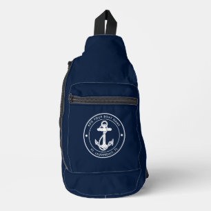 Nautical Anchor Navy Blue Boat Name Custom Sling Bag