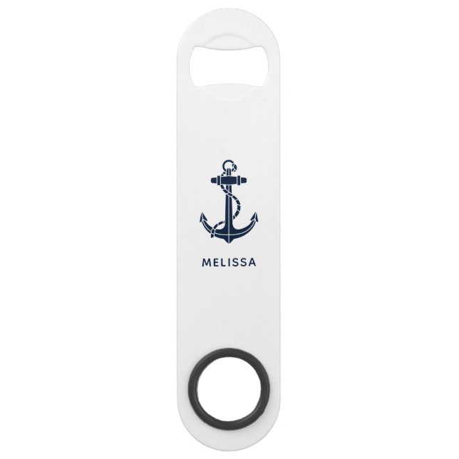 Nautical Anchor Navy Blue Boat Name Personalized Bar Key (Front)