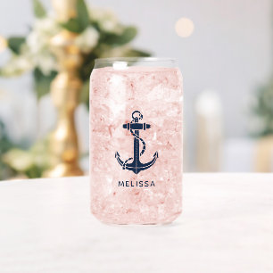 Nautical Anchor Navy Blue Boat Name Personalized Can Glass