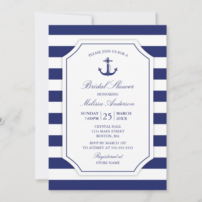 Nautical Anchor Navy Blue Bridal Shower Invitation (Front)