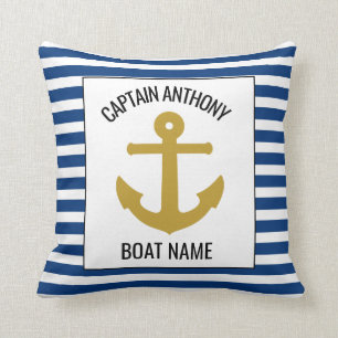Nautical Anchor Navy Blue Captain and Boat Name Throw Pillow