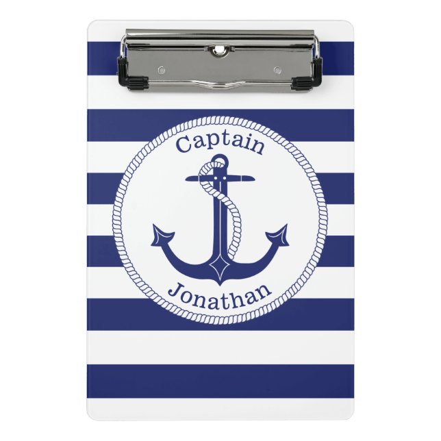 Nautical Anchor Navy Blue Captain Personalized Mini Clipboard (Front)