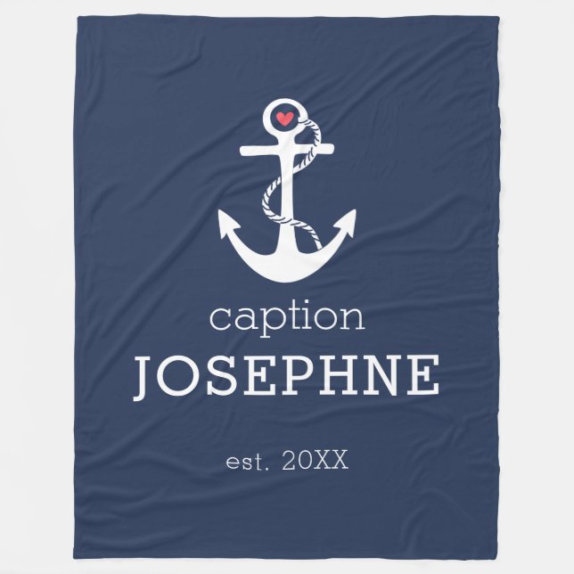 Nautical Anchor Navy Blue Caption Personalized Fleece Blanket (Front)