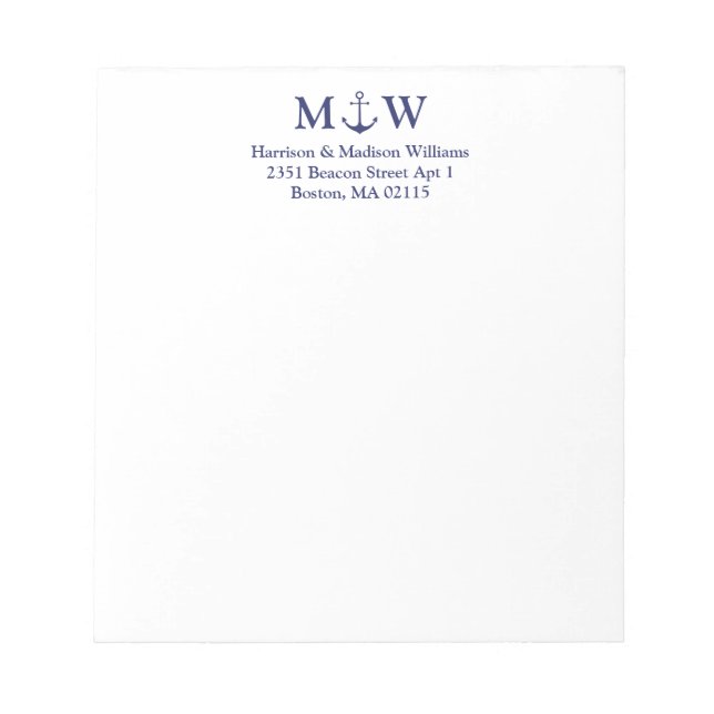Nautical anchor navy blue couple monogram initials notepad (Front)