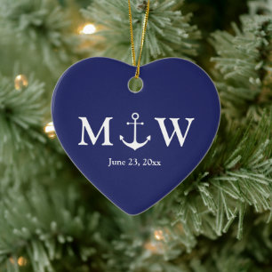 Nautical anchor navy blue custom couple monogram ceramic ornament