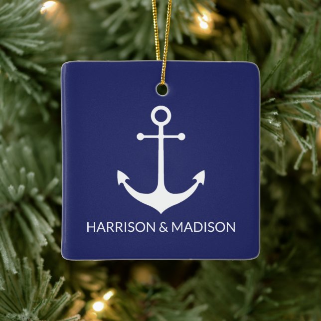 Nautical anchor navy blue custom couple names  ceramic ornament (Tree)