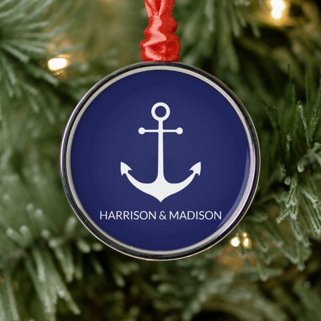 Nautical anchor navy blue custom text minimalist  metal ornament (Tree)