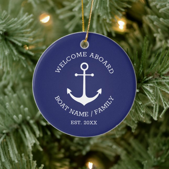 Nautical Anchor navy blue custom Welcome Aboard Ceramic Ornament (Tree)