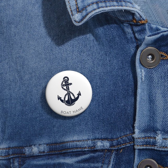 Nautical Anchor Navy Blue Cute Boat Name Custom 2 Inch Round Button (Nautical Anchor Boating Swag Custom Boat Name Button)