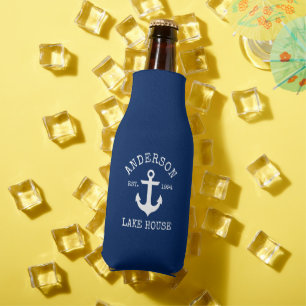 Nautical Anchor Navy Blue Family Lake House Bottle Cooler