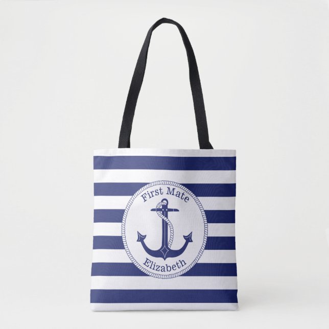 Nautical Anchor Navy Blue First Mate Personalized Tote Bag (Front)