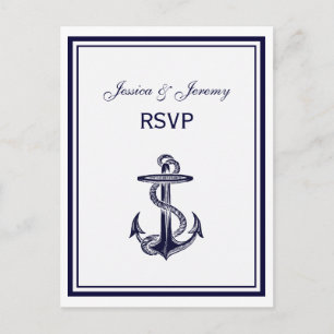 Nautical Anchor Navy Blue Framed 2 RSVP 1 Invitation Postcard