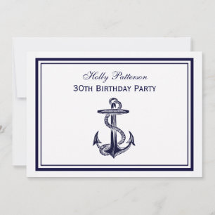Nautical Anchor Navy Blue Framed 2H Birthday Party Invitation