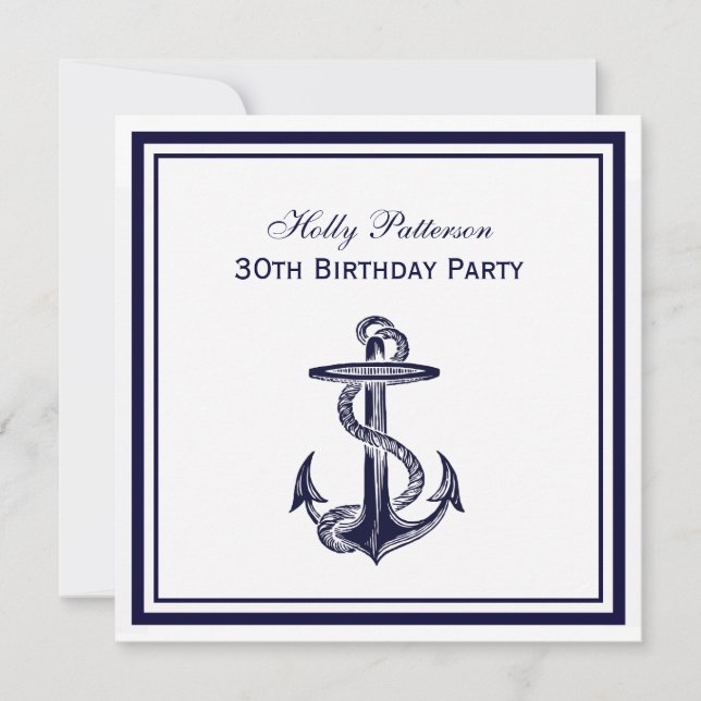 Nautical Anchor Navy Blue Framed 2S Birthday Party Invitation (Front)