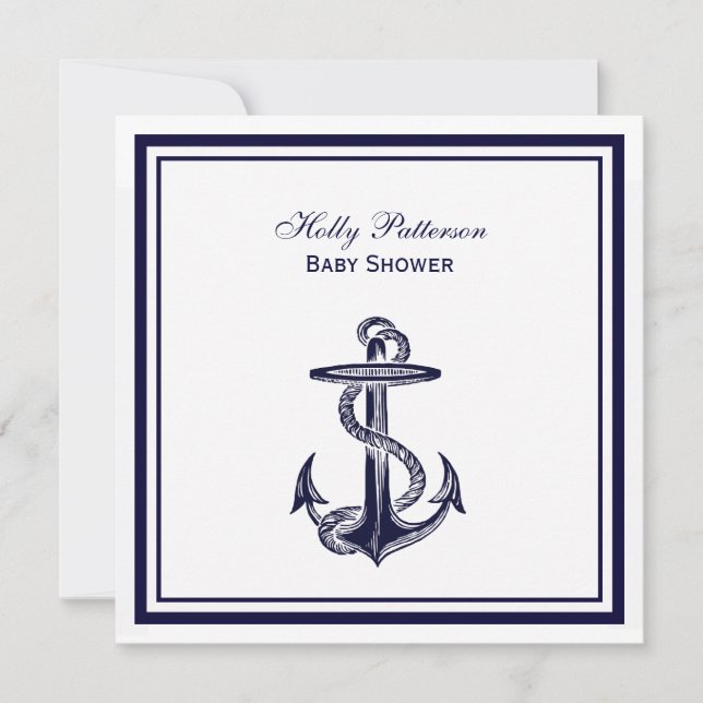 Nautical Anchor Navy Blue Framed 2SQ Baby Shower Invitation (Front)