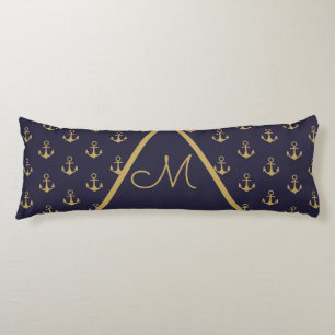 Nautical Anchor Navy Blue Gold Monogram Body Pillow