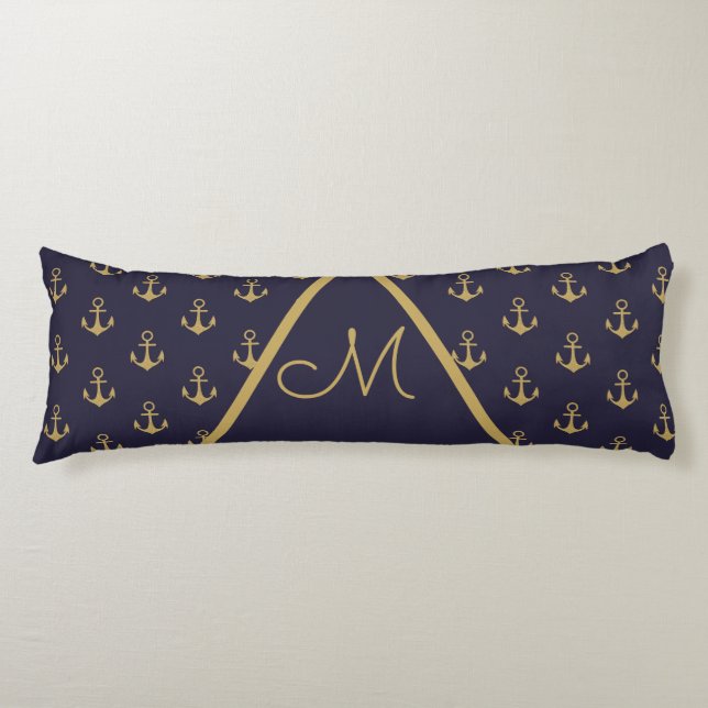 Nautical Anchor Navy Blue Gold Monogram Body Pillow (Front)