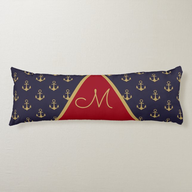 Nautical Anchor Navy Blue Gold Red Monogram Body Pillow (Front)