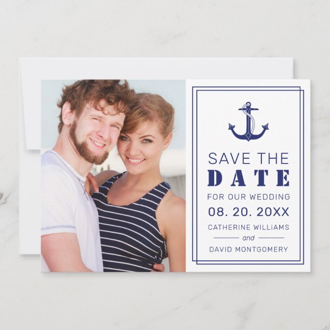 Nautical Anchor Navy Blue Minimalist Photo Wedding Save The Date (Front)