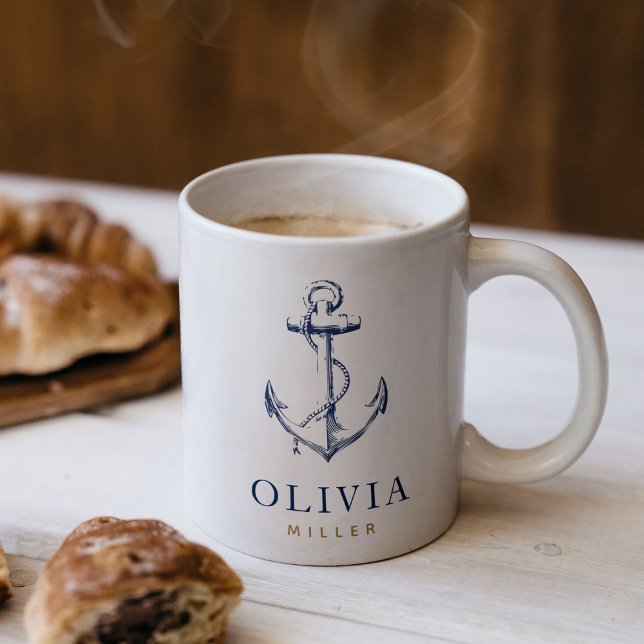 Nautical Anchor Navy Blue Monogram Coffee Mug (This mug is perfect for ocean lovers. It features an anchor and allows you to personalize it)