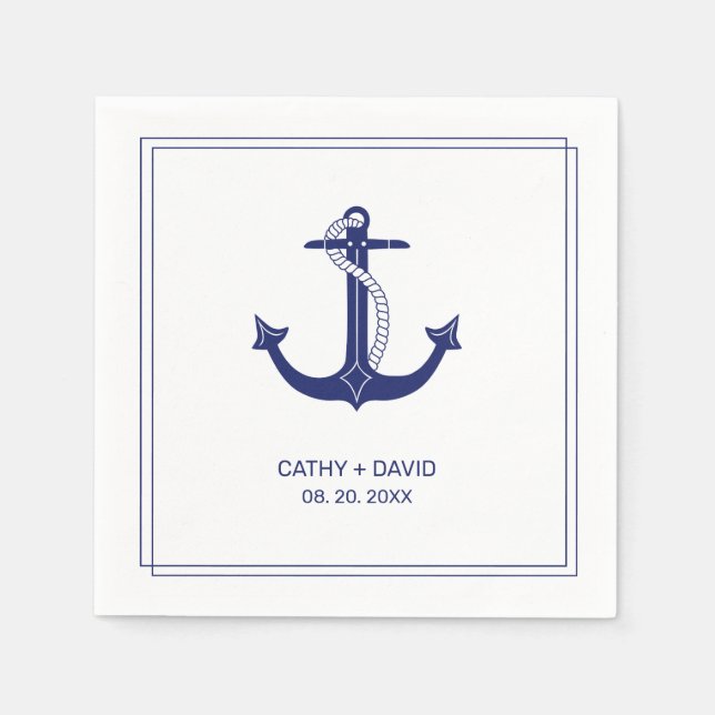 Nautical Anchor Navy Blue Monogram Names Wedding Napkin (Front)