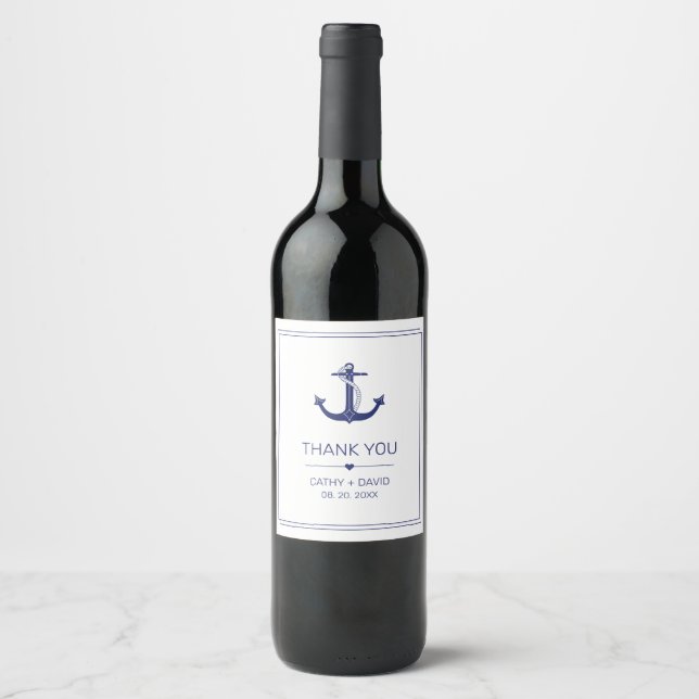 Nautical Anchor Navy Blue Monogram Names Wedding Wine Label (Front)
