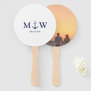 Nautical anchor navy blue monogram photo Wedding Hand Fan