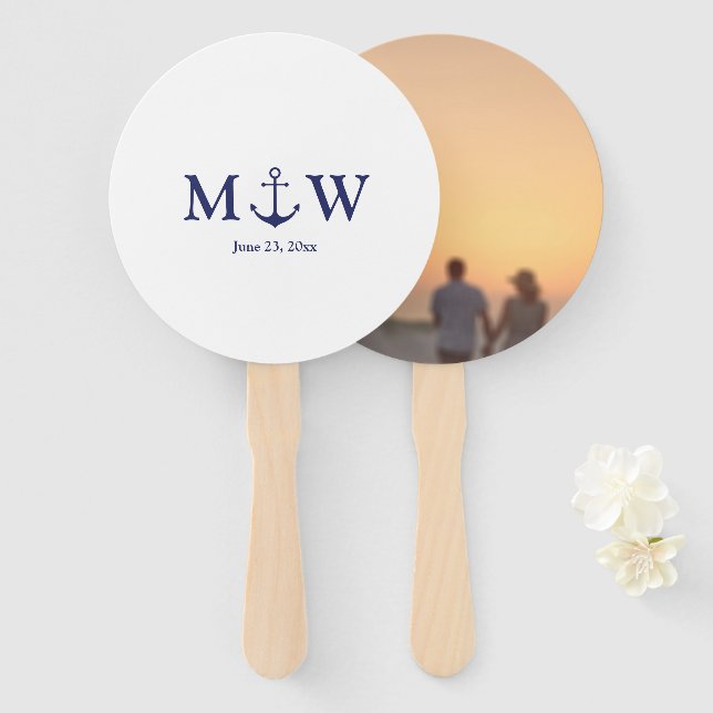 Nautical anchor navy blue monogram photo Wedding Hand Fan (Front and Back)