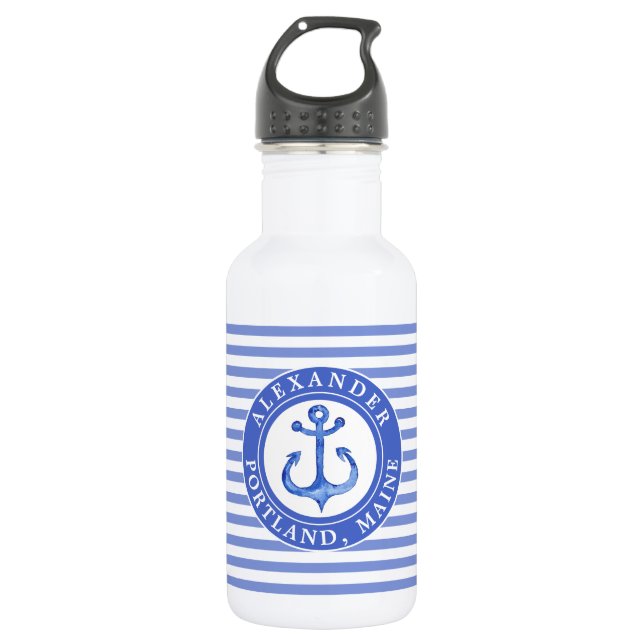 Nautical Anchor Navy Blue Personalized  532 Ml Water Bottle (Front)