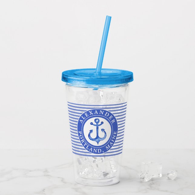 Nautical Anchor Navy Blue Personalized Acrylic Tumbler (Back Ice)