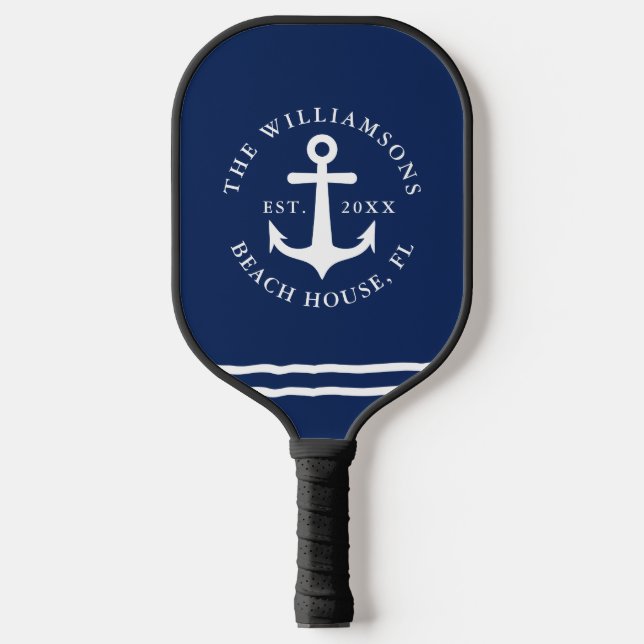 Nautical Anchor Navy Blue Personalized Beach House Pickleball Paddle (Front)