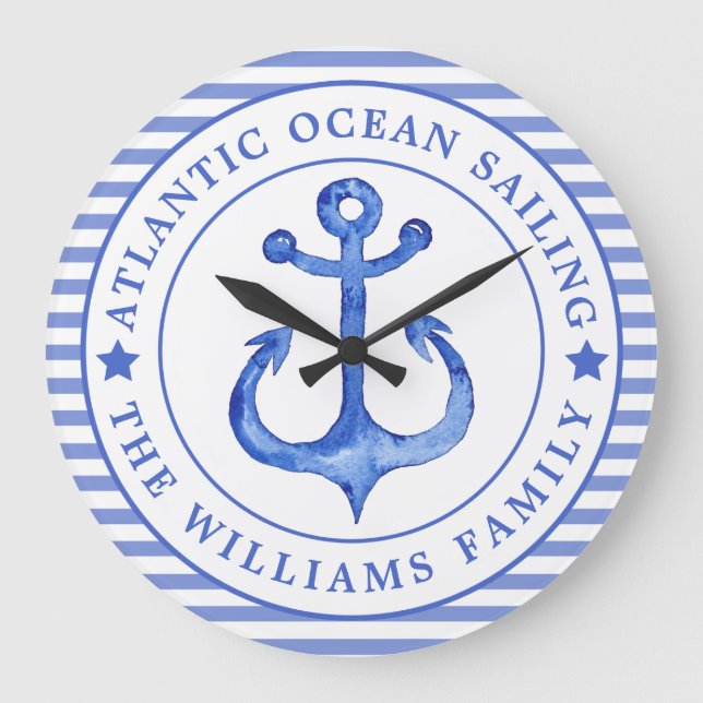 Nautical Anchor Navy Blue Personalized Large Clock (Front)