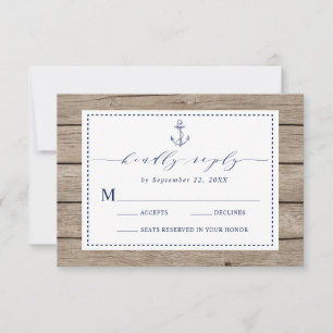 Nautical Anchor Navy Blue Rustic Wood RSVP Card