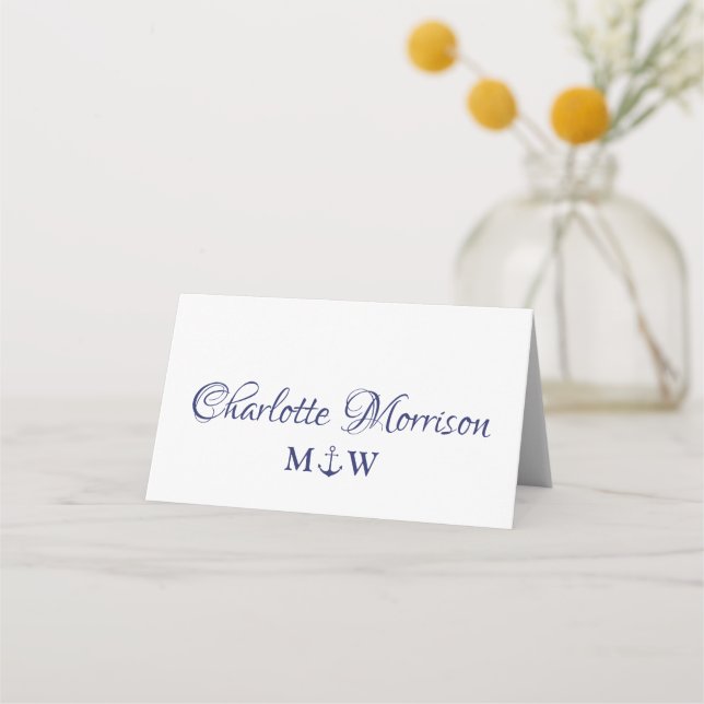 Nautical anchor navy blue script monogram Wedding Place Card (Front)