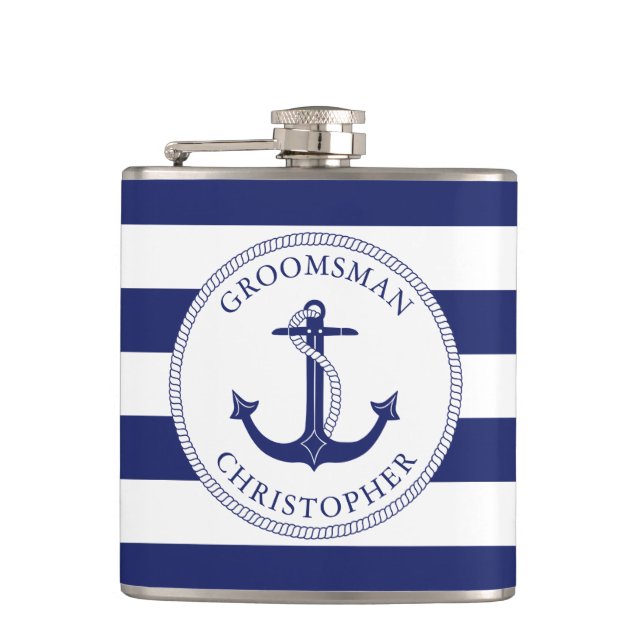 Nautical Anchor Navy Blue Stripe Groomsman Hip Flask (Front)