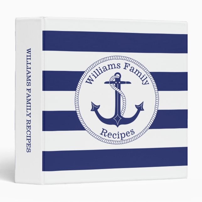 Nautical Anchor Navy Blue Stripe Monogram Recipe Binder (Front/Spine)
