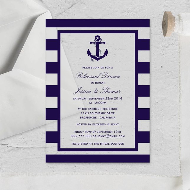 Nautical Anchor Navy Blue Stripe Rehearsal Dinner Acrylic Invitations (Creator Uploaded)