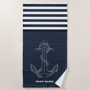 Nautical Anchor Navy Blue Stripe Sailor Beach Towel