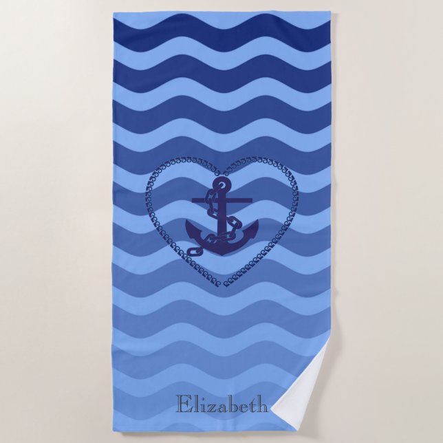 Nautical Anchor Navy Blue Stripe Waves Beach Towel (Front)