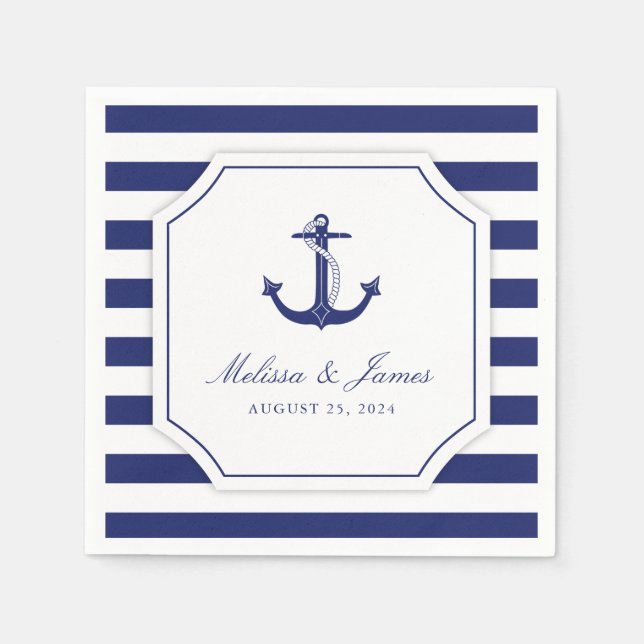 Nautical Anchor Navy Blue Stripe Wedding Napkin (Front)