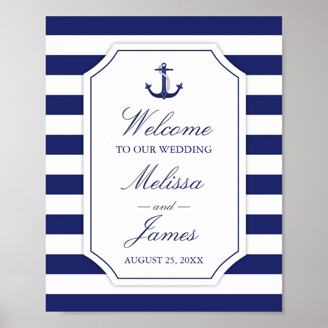 Nautical Anchor Navy Blue Stripe Wedding Poster (Front)