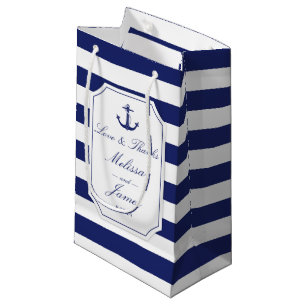 Nautical Anchor Navy Blue Stripe Wedding Thank You Small Gift Bag