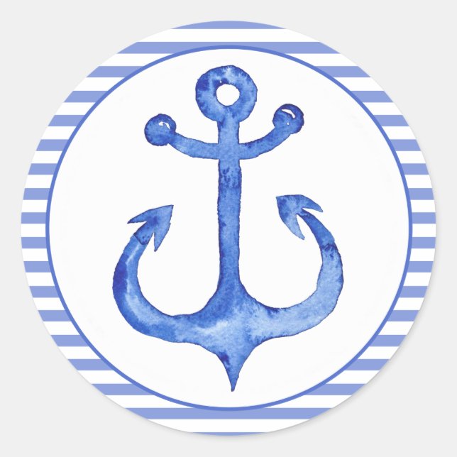 Nautical Anchor - Navy Blue Striped Classic Round Sticker (Front)