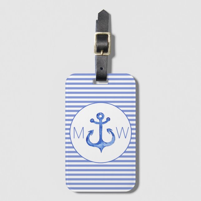 Nautical Anchor | Navy Blue Striped Luggage Tag (Front Vertical)