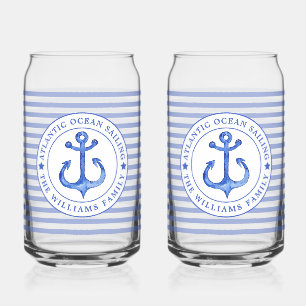 Nautical Anchor Navy Blue Striped Personalized Can Glass