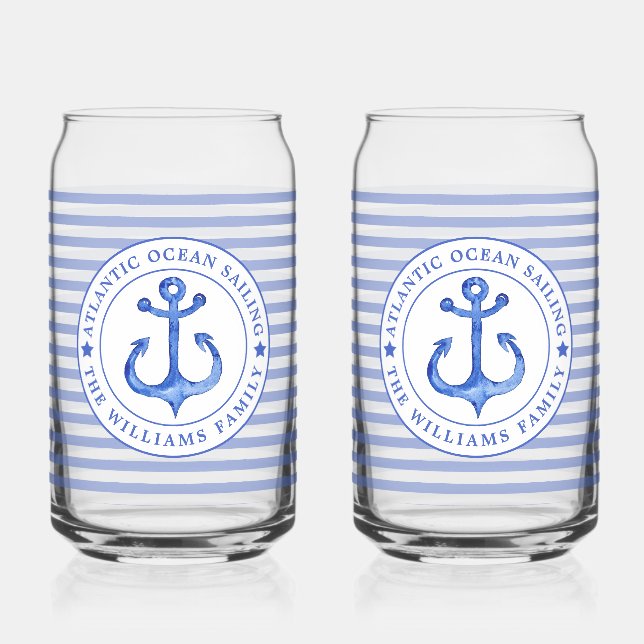 Nautical Anchor Navy Blue Striped Personalized Can Glass (Front)